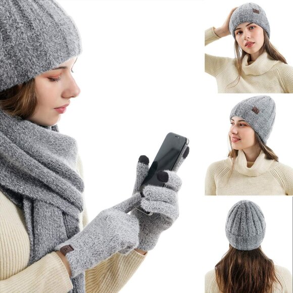 Women's Grey Warm Knit Beanie Hat Touchscreen Gloves Long Neck Scarf Set - Picture 6 of 7